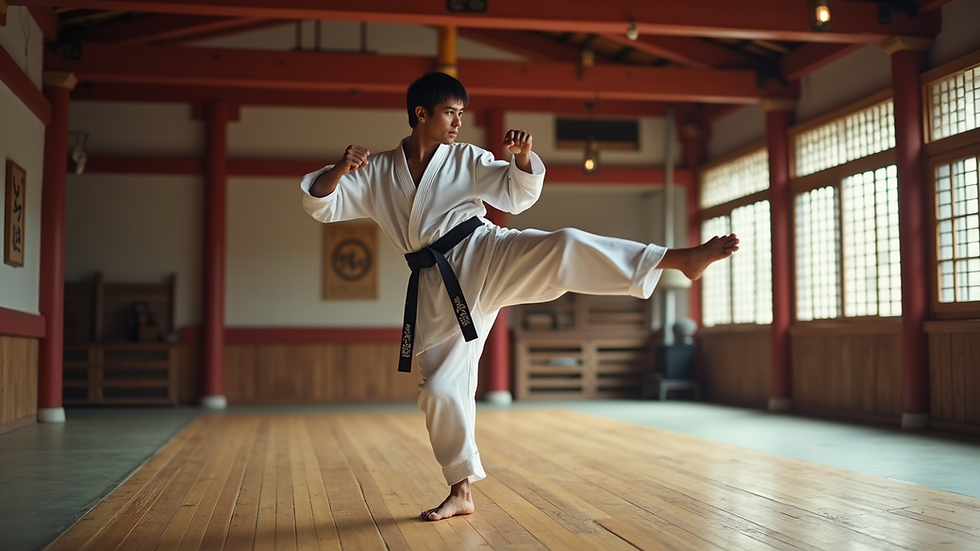 Eye-level view of a martial artist practicing a high kick in a dojo