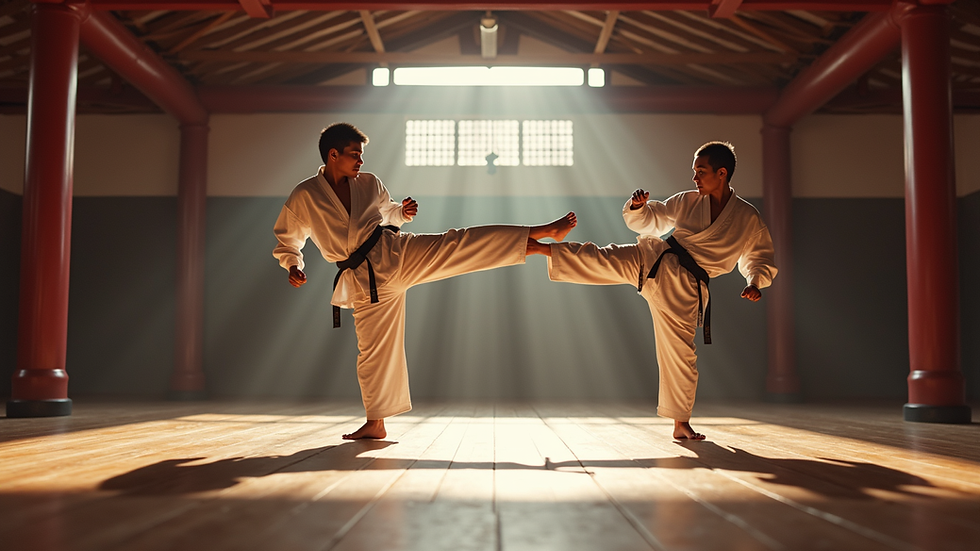 Eye-level view of a martial arts dojo with students practicing kicks