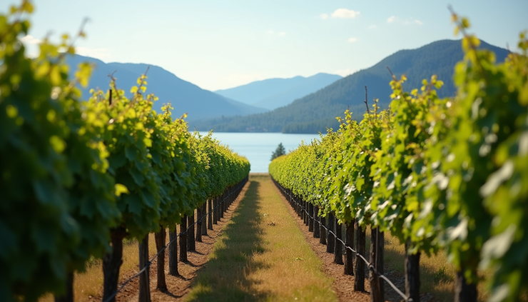 Eye-level view of a vineyard with rows of grapevines stretching towards a lake and mountains