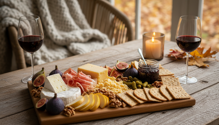 Eye-level view of a fall appetizer board with cheeses, fruit, nuts, and charcuterie.