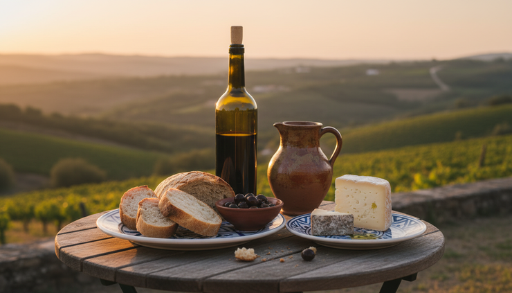 Close-up view of a small table with Portuguese wine, bread, olives, and cheese at sunset