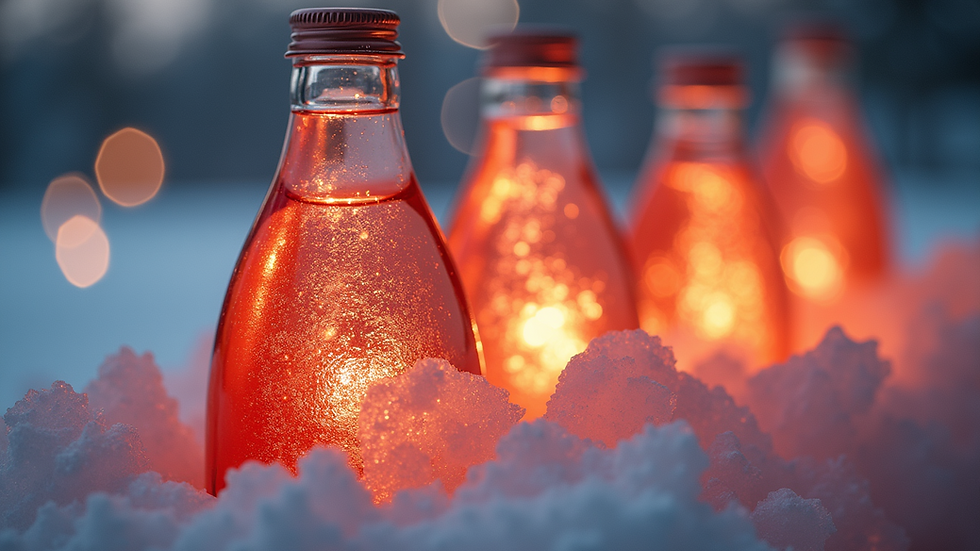 Close-up view of ice wine bottles with a soft glow