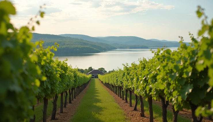 Eye-level view of Keuka Lake with vineyards along the shoreline and rolling hills in the background