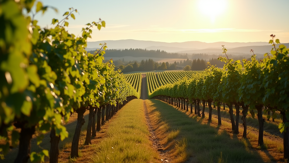 Wide angle view of a vineyard in Oregon's Willamette Valley