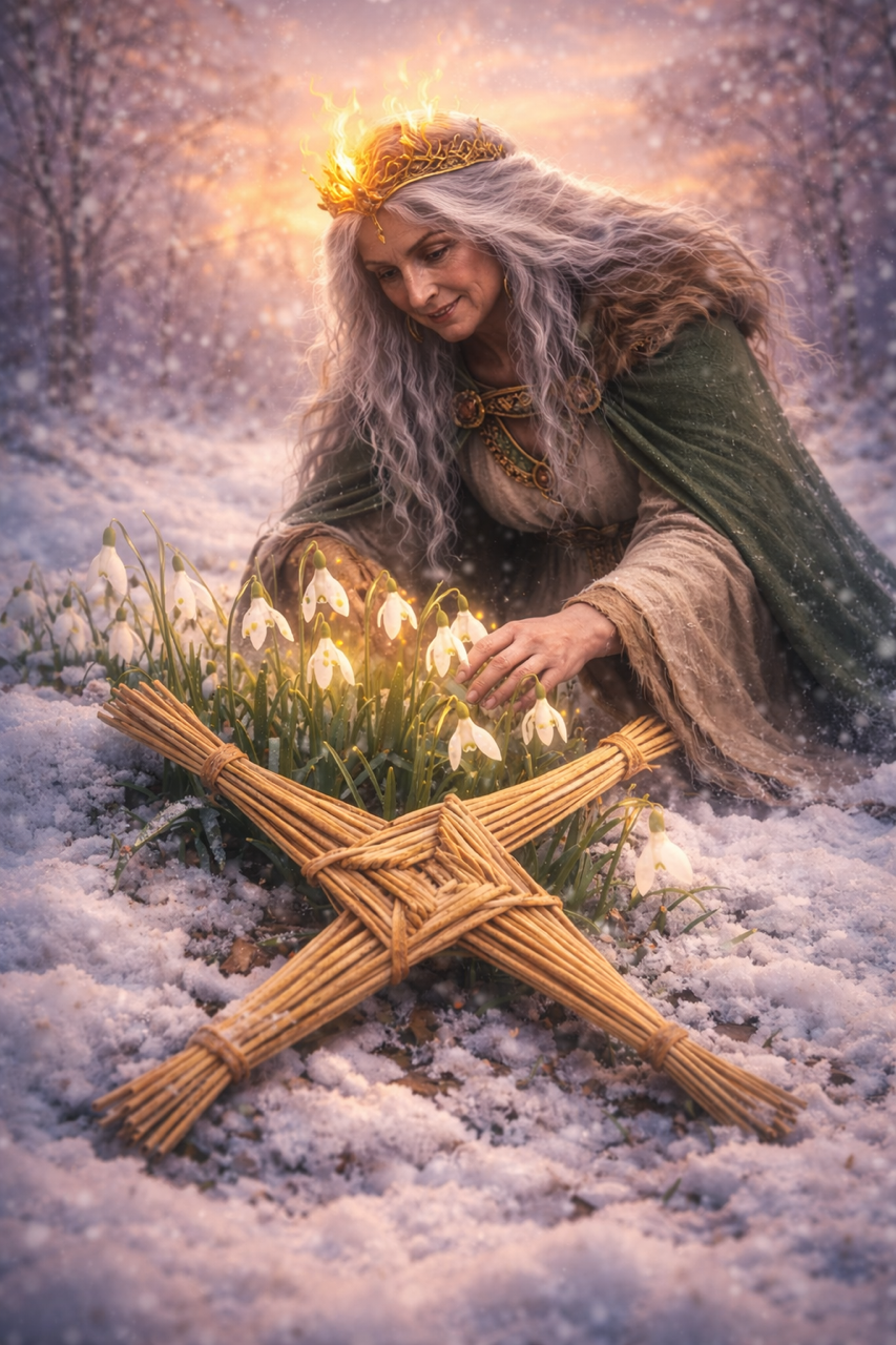 Göttin Brigid mit Schneeglöckchen und dem Brigids Kreuz