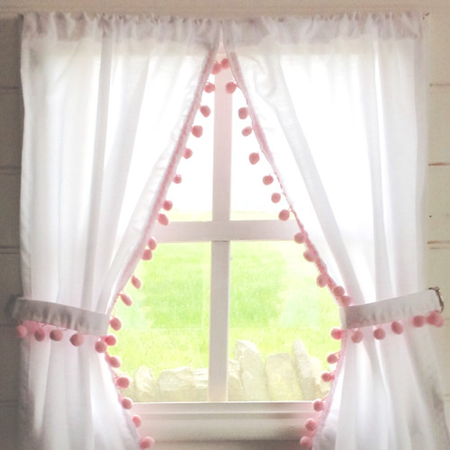 Playhouse Curtains PALE PINK pom poms gooseboosedesigns