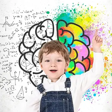 cute-little-boy-pointing-up-near-brain-sketch-adorable-jeans-overalls-standing-concrete-wa