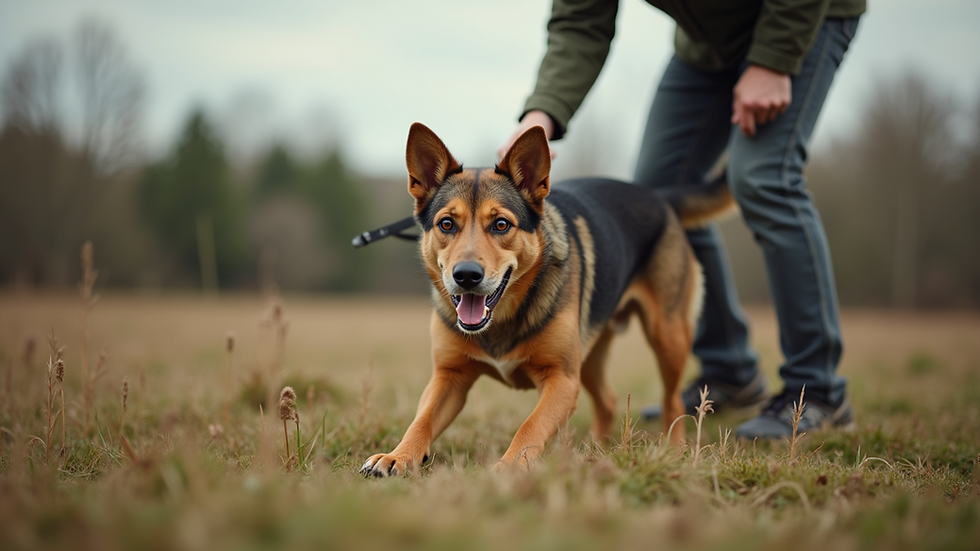 Eye-level view of a dog trainer working with a dog in an outdoor training area