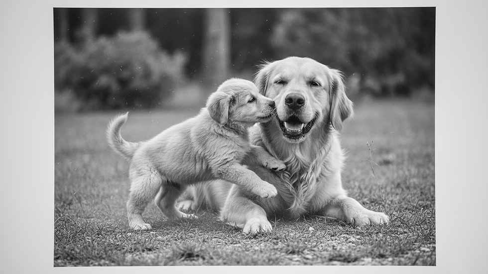 Close-up view of a puppy playing with a friendly dog outdoors