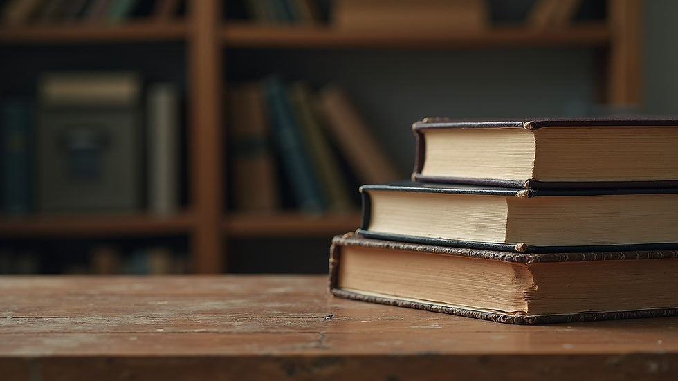 Close-up view of a stack of sci-fi mystery books on a wooden table