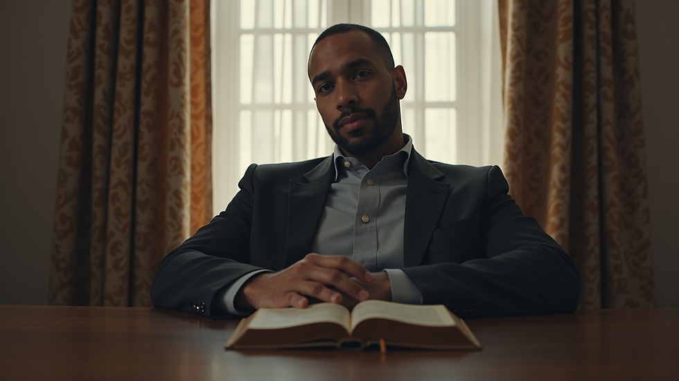 Eye-level view of a man sitting peacefully in a quiet room with a Bible and journal