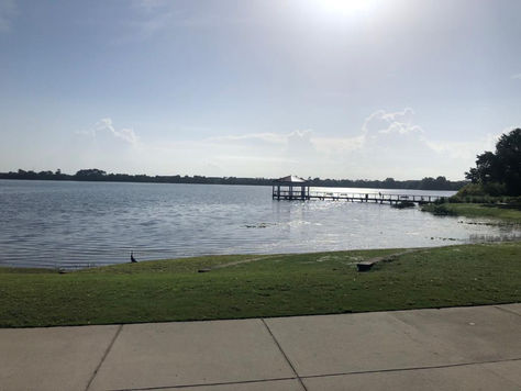 Calm lakeside view with a dock extending into Lake Baldwin water, surrounded by grass and trees under a bright sun. Peaceful and serene setting.