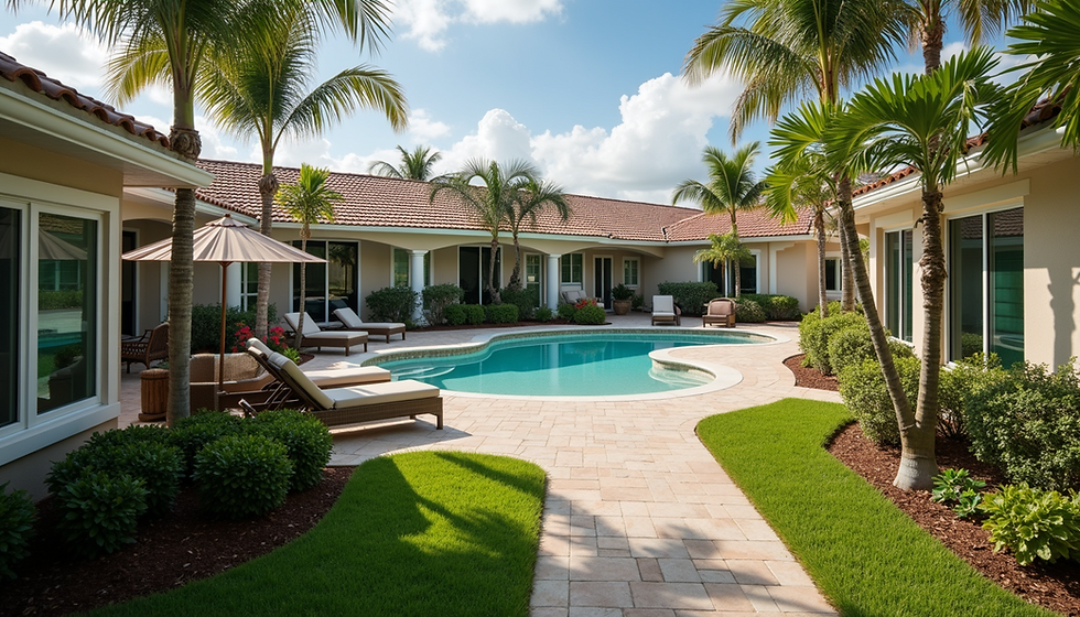 Sunny courtyard with palm trees, turquoise pool, and lounge chairs. Beige buildings surround. Relaxing tropical vibe, clear sky.