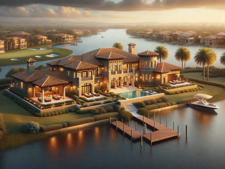 A villa surrounded by Water  with a boat doc and palm trees