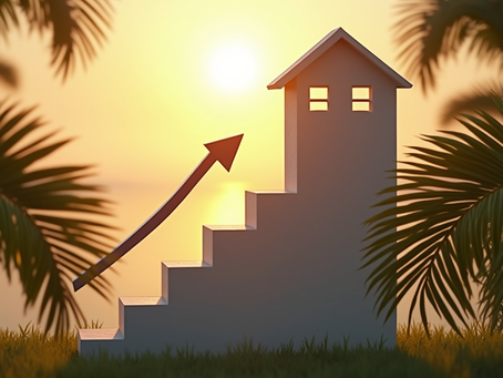 White stairs shaped like a house with an upward arrow against a setting sun, surrounded by palm trees, suggesting growth and optimism.