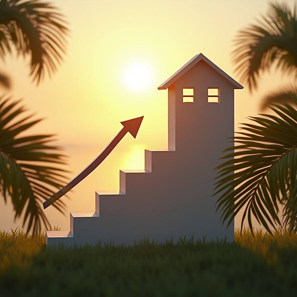 White stairs shaped like a house with an upward arrow against a setting sun, surrounded by palm trees, suggesting growth and optimism.