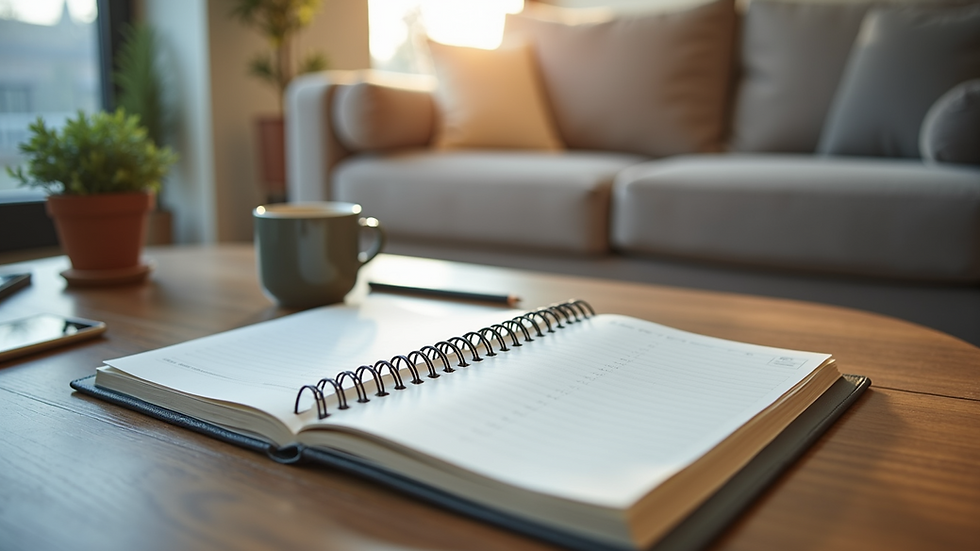 Eye-level view of a modern living room with a budget planner on a coffee table