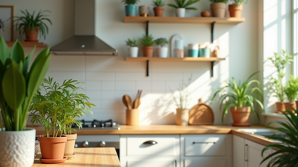 Eye-level view of a bright, airy kitchen filled with plants and colorful decorations