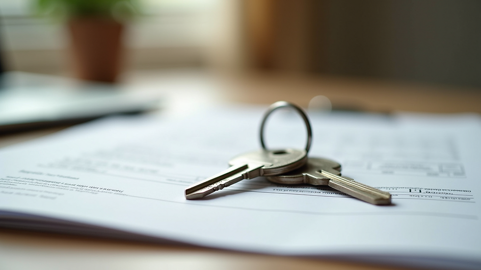 Close-up view of a pair of house keys placed on a stack of closing papers