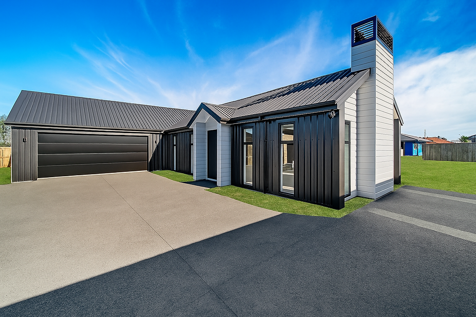 Modern black-clad home exterior designed by Hedgley Corporation with sharp lines, double garage, and minimalist landscaping under a bright New Zealand sky.