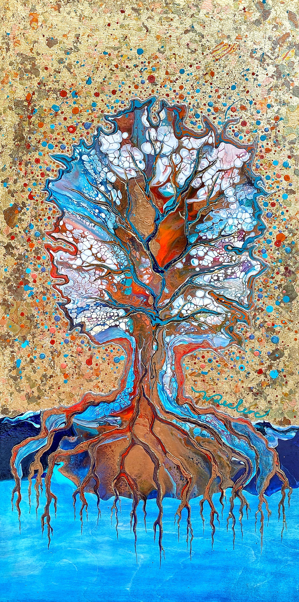 Thumbnail: tableau arbre fantastique, arbre de vie, peinture semi abstraite, art abstrait québécois, peinture or bleu rouge