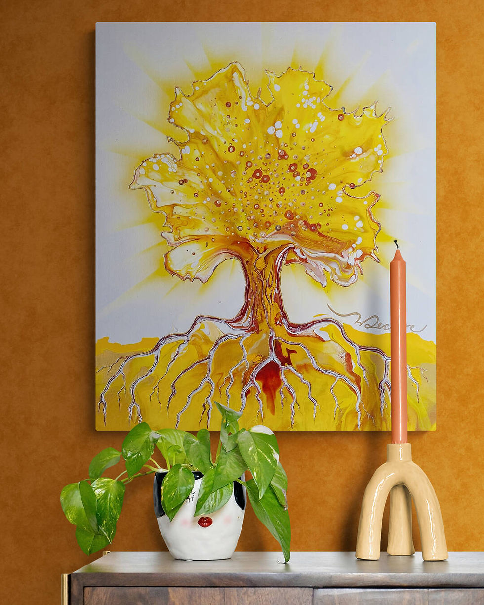 oeuvre abstraite arbre de vie ensoleillé arbre jaune lumineux en art fluide moderne par artiste peintre québécoise art fluide