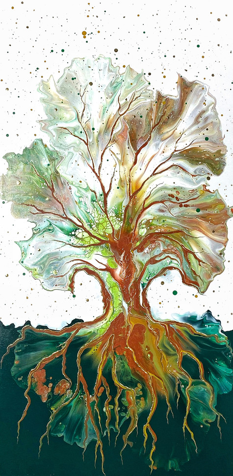 Oeuvre sur panneau de bois, art semi abstrait figurant un arbre et ses racines profondes. Art abstrait, art fluide