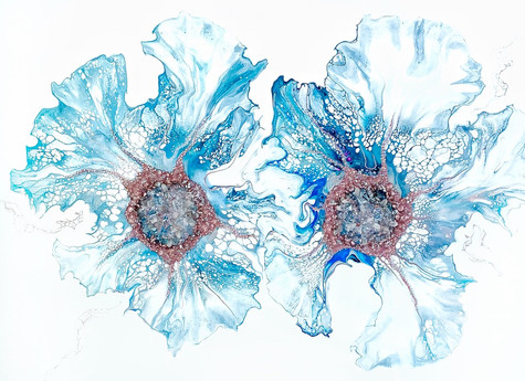 oeuvre semi abstraite moderne, fleur et cristaux, art florale, oeuvre énergétique