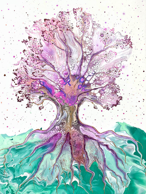 bella rosa arbre art abstrait fluide peinture acrylique