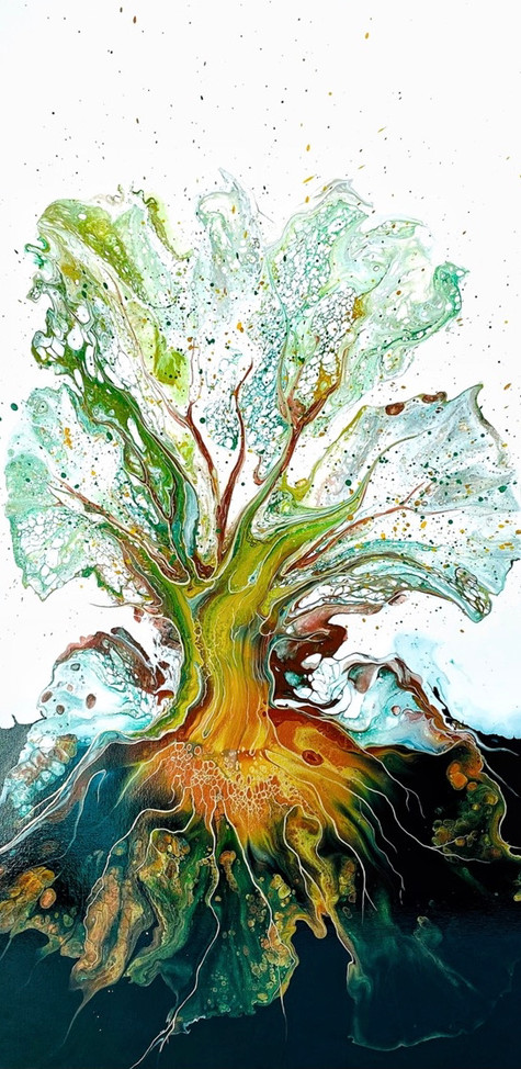Oeuvre semi abstraite, art fluide, oeuvre représentant un arbre et toute sa puissance.