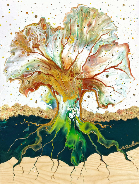 Oeuvre sur panneau de bois, art semi abstrait figurant un arbre et ses racines profondes. Art abstrait, art fluide
