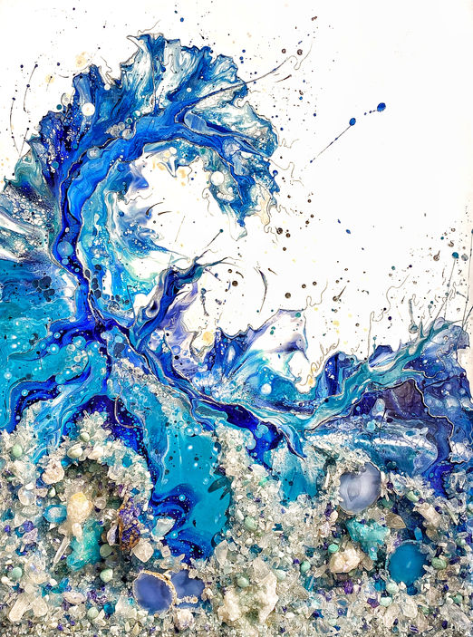 oeuvre moderne de la collection cristalline, art fluide moderne, artiste peintre québécoise, cristaux de quartz, aquamarine, 