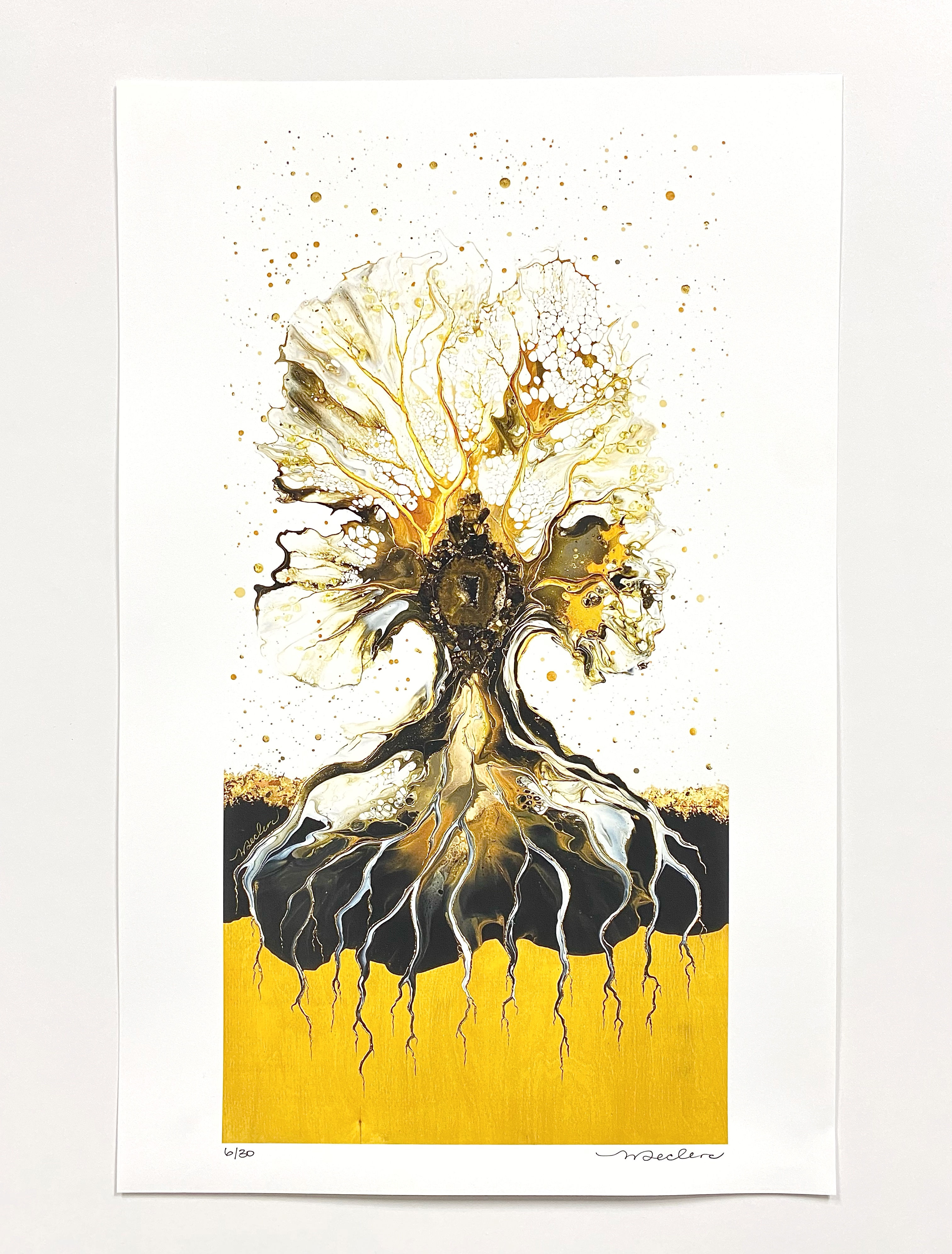 arbre de vie, peinture art fluide moderne, arbre or, reproduction sur papier d'oeuvre originale québécoise