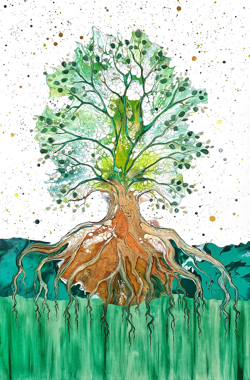 Miniature : oeuvre moderne arbre de vie énergisant et pleins de vitalité avec aventurine verte et citrine jaune par Melyna Leclerc