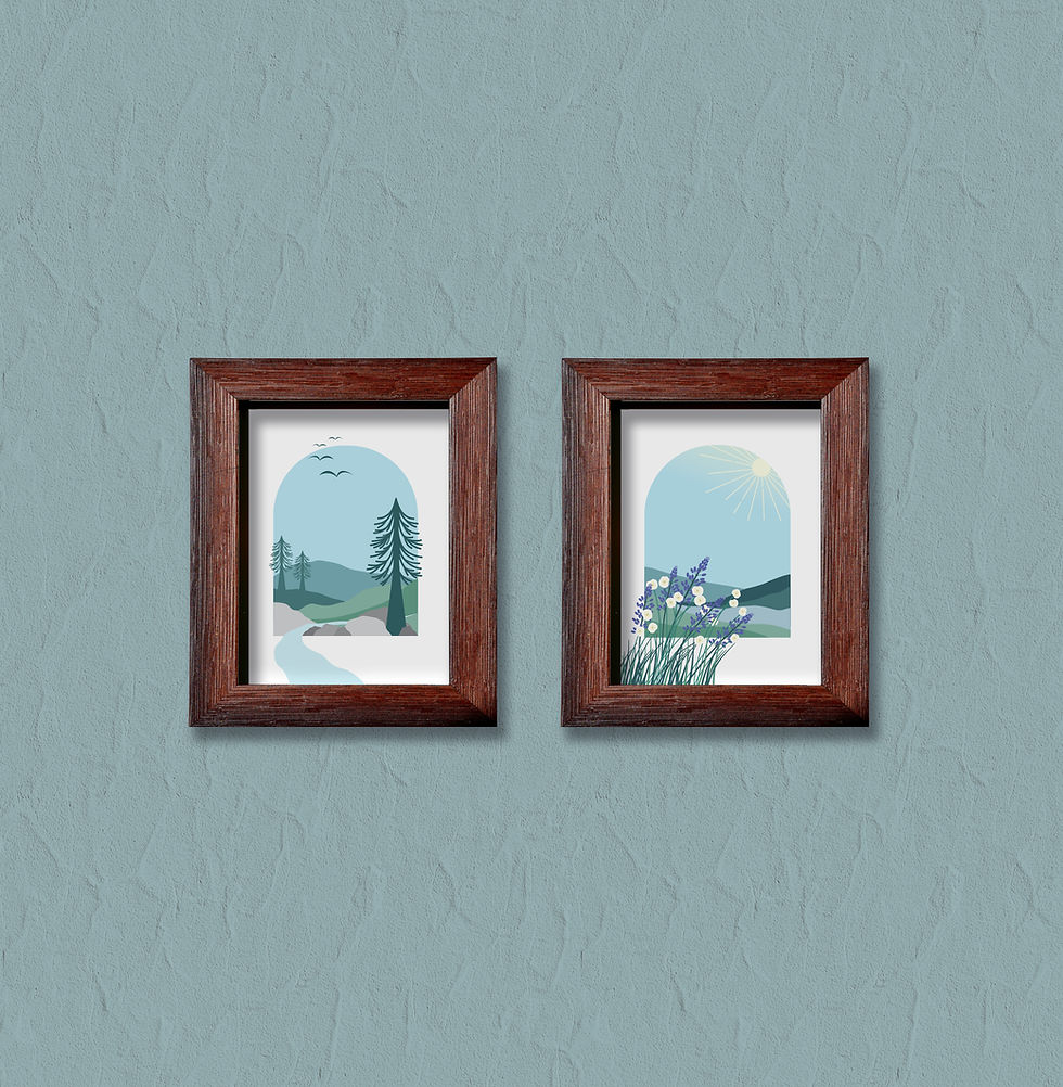 Thumbnail: two art prints featuring a white background and an arch shape filled with mountain and wildflower scenery a digital art illustration not ai generated. Mocked up in wood frames against a sage colored wall. 