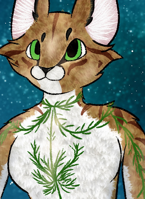 An artwork of Ka'zirel. A caracal wrapped in leaves that trim along their body.