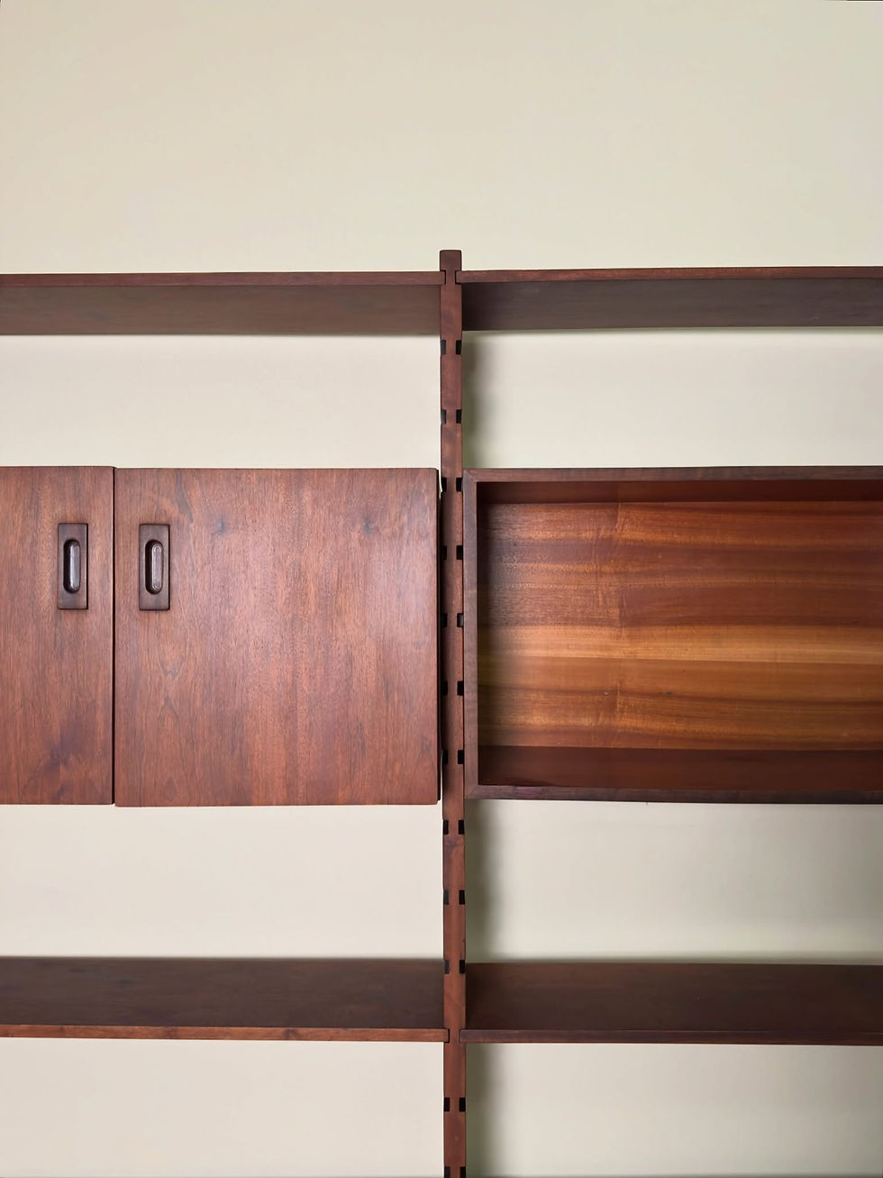 Thumbnail: Mid-century two bay wall unit with shelving, and storage cupboards