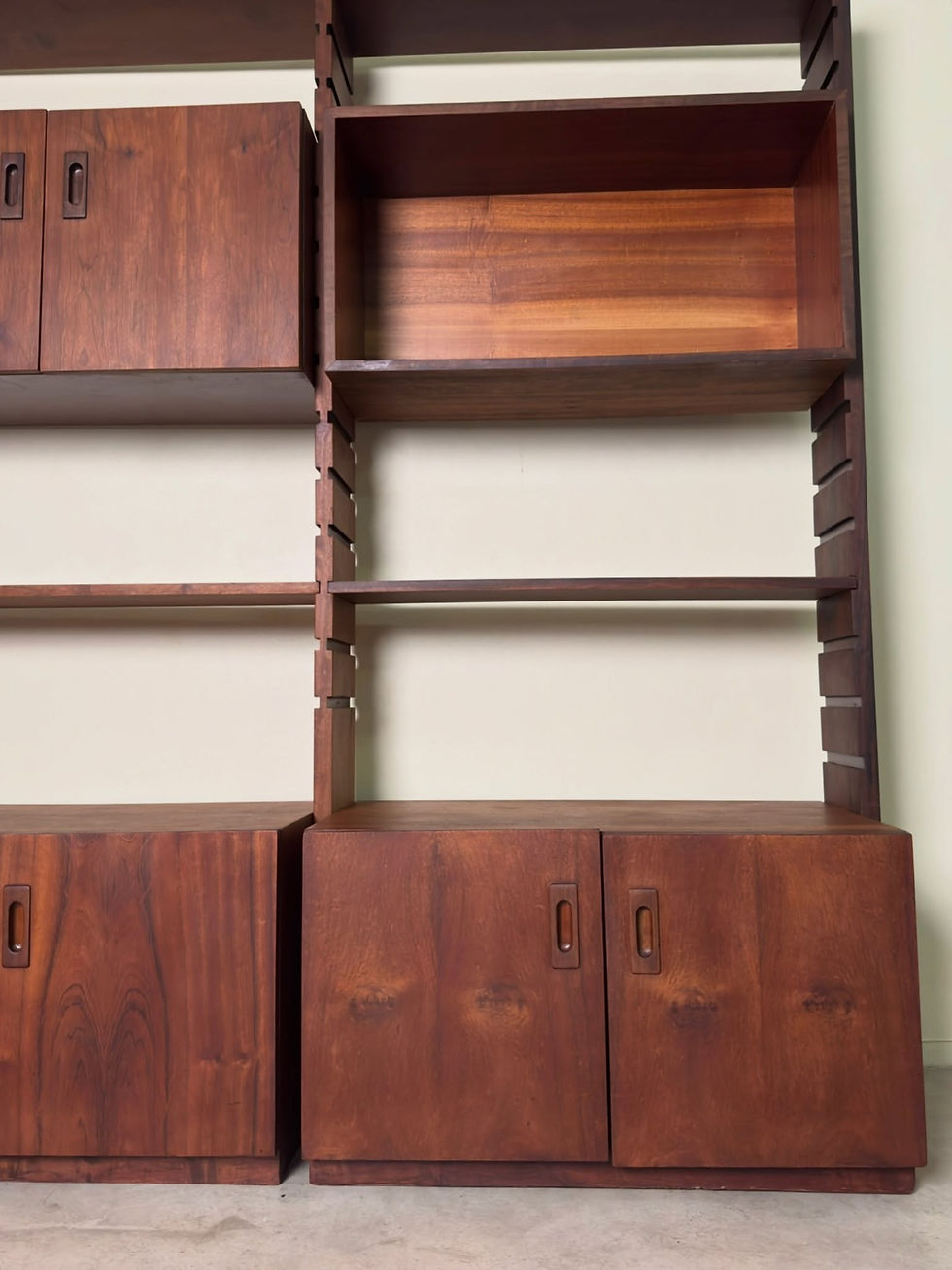 Thumbnail: Mid-century two bay wall unit with shelving, and storage cupboards