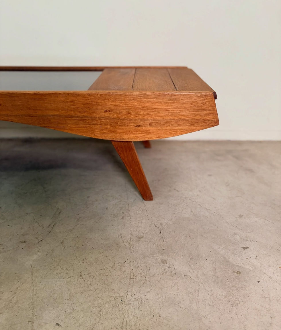 Thumbnail: Mid-Century long solid wood coffee table with black glass