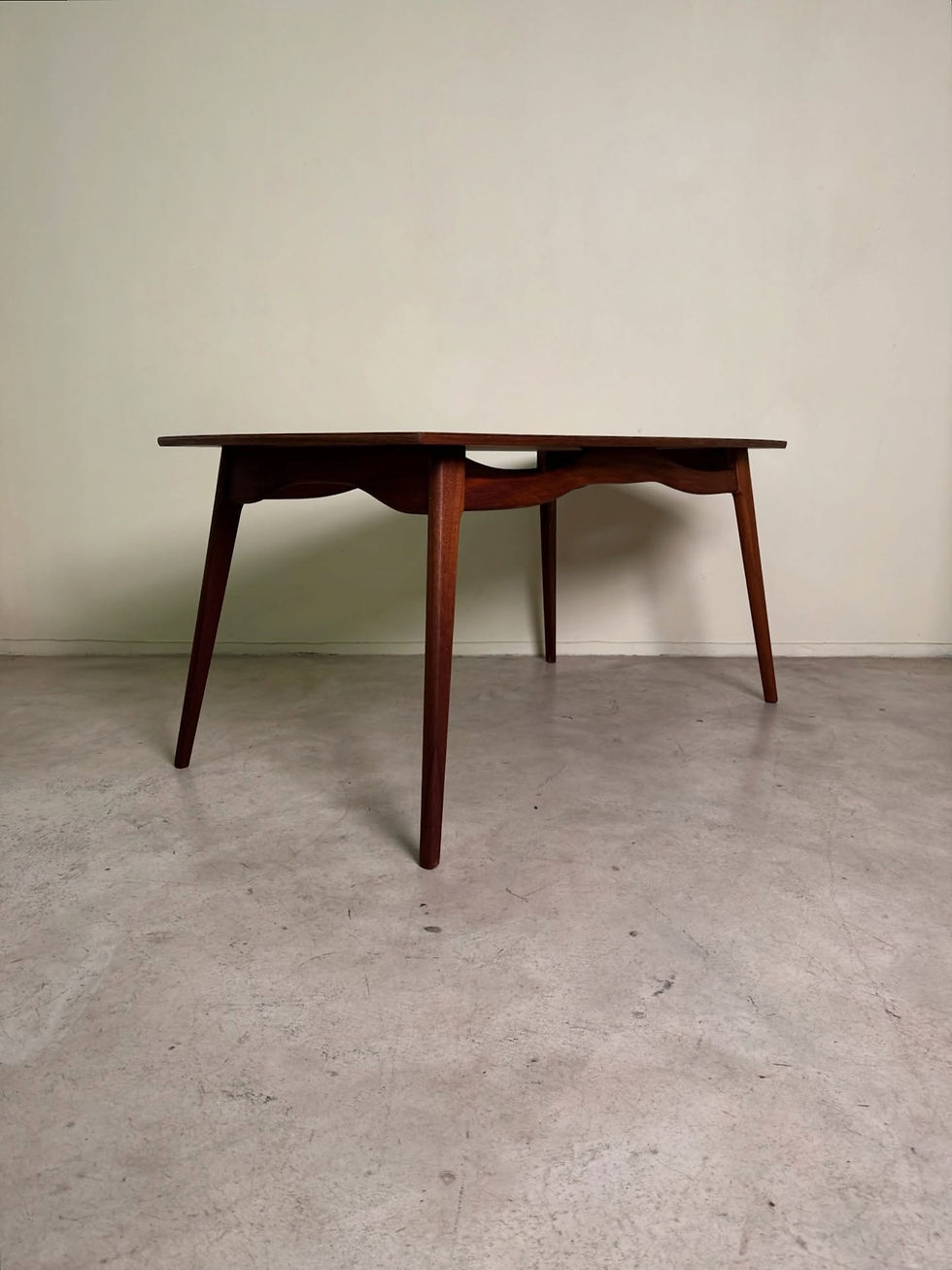 Thumbnail: Mid-century six seater dining room table with white inlaid border detailing