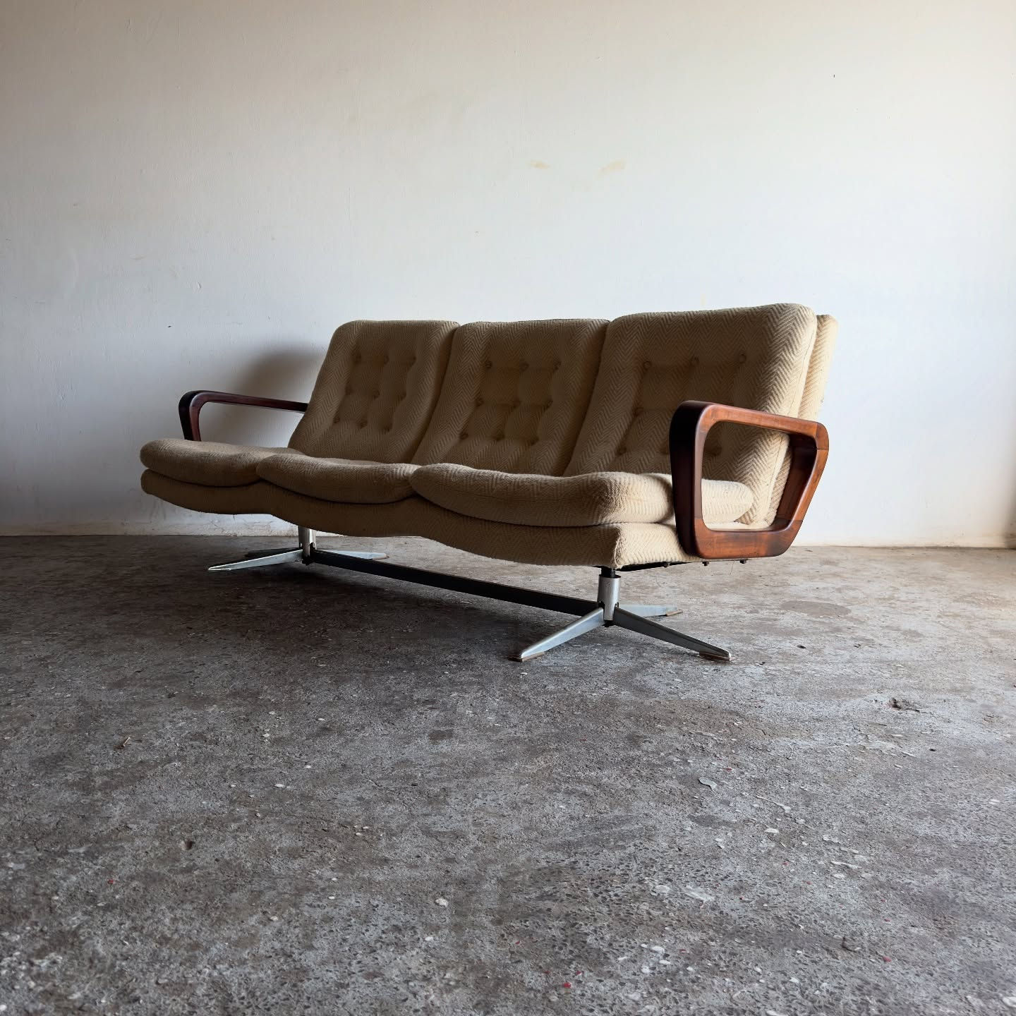 1960’s Anglo Dutch Three Seater Couch with wooden armrests & chromed steel base