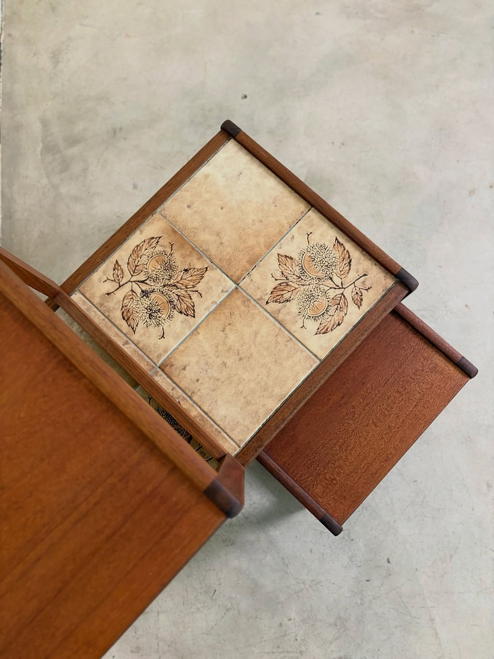 Thumbnail: Mid-Century Danish set of three nesting coffee tables with ceramic tiles