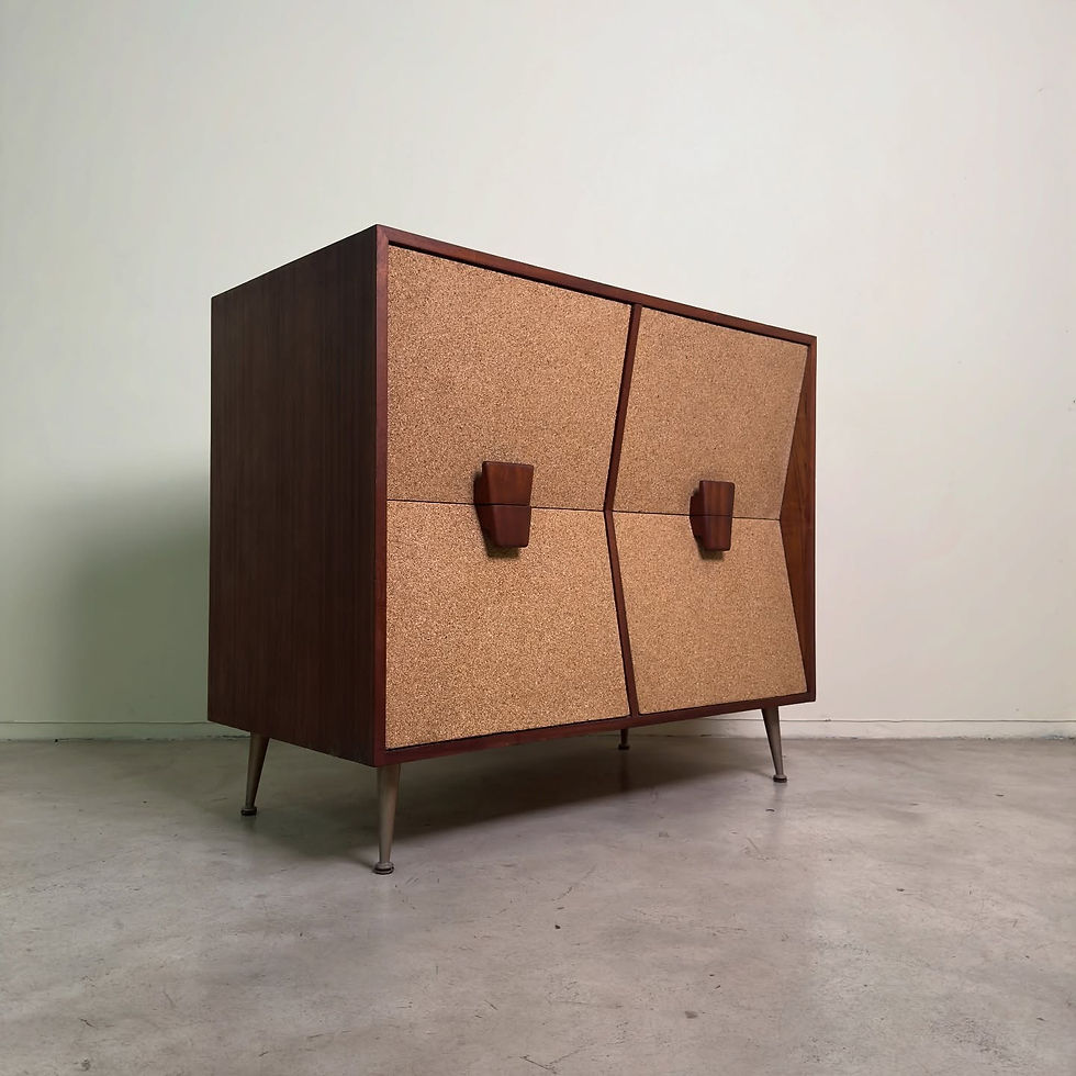 Mid-century sapele chest of four deep drawers with cork front