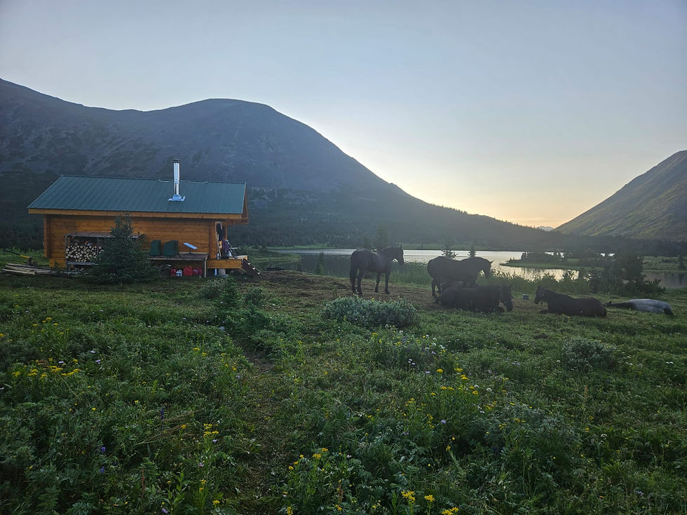 Lodge at Jennings River with horses and lake