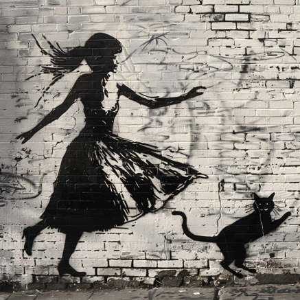 graffiti  of women dance  with a cat 