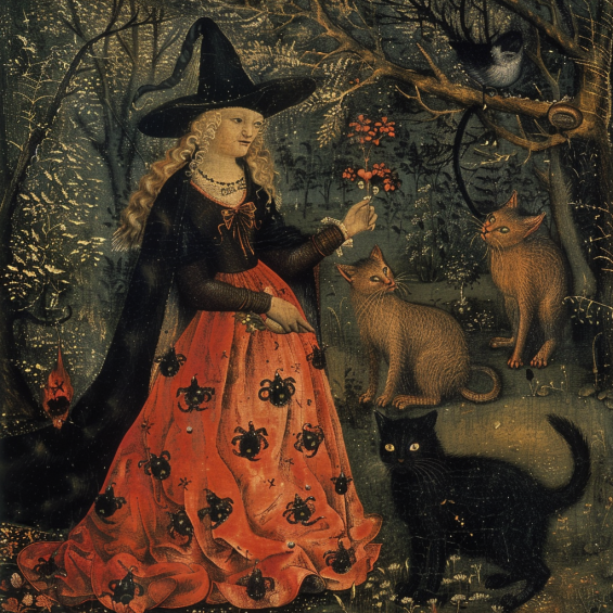 a woman is dressed in red with a black hat and surrounded by black cats, in the style of medieval art