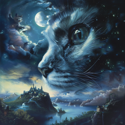 integration of feline features into fantastical landscapes