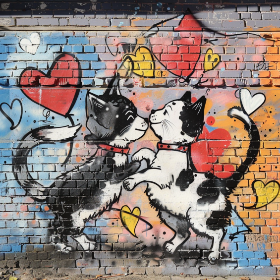 cat and dog in love graffiti 