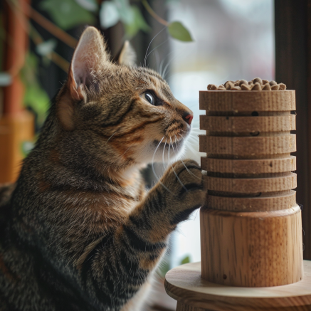 The image captures a charming tabby kitten peeking out from a cardboard box, its paw playfully extended through a cut-out hole. The kitten's eyes are wide and alert, and its ears are pricked up in a mix of curiosity and readiness to play