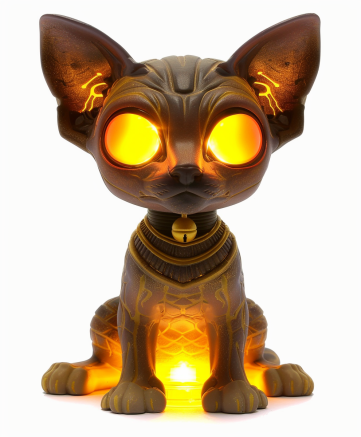 Funko Pop style Sphinx cat with glowing eyes and on its paws